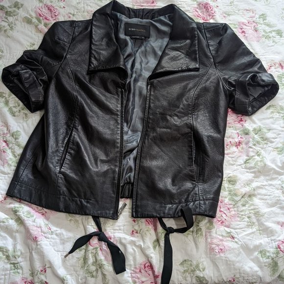 BCBGMAXAZRIA Short sleeve cinch waist real leather jacket - Picture 1 of 7